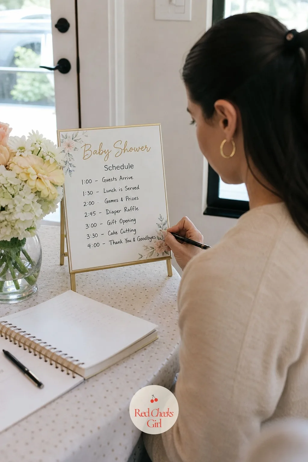 Run the Order of Events in the Right Sequence — A small printed schedule card sits propped on an easel near the entrance, listing the afternoon from arrival