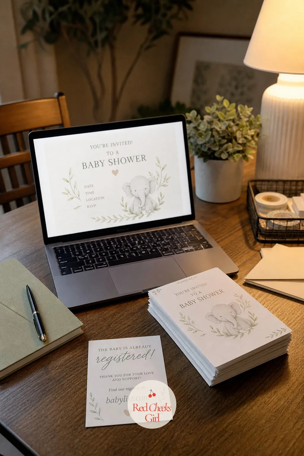 Send Invitations Once the Registry Is Already Live — A laptop sits open to a baby registry page on a desk beside the finished invitation stack, ready to be