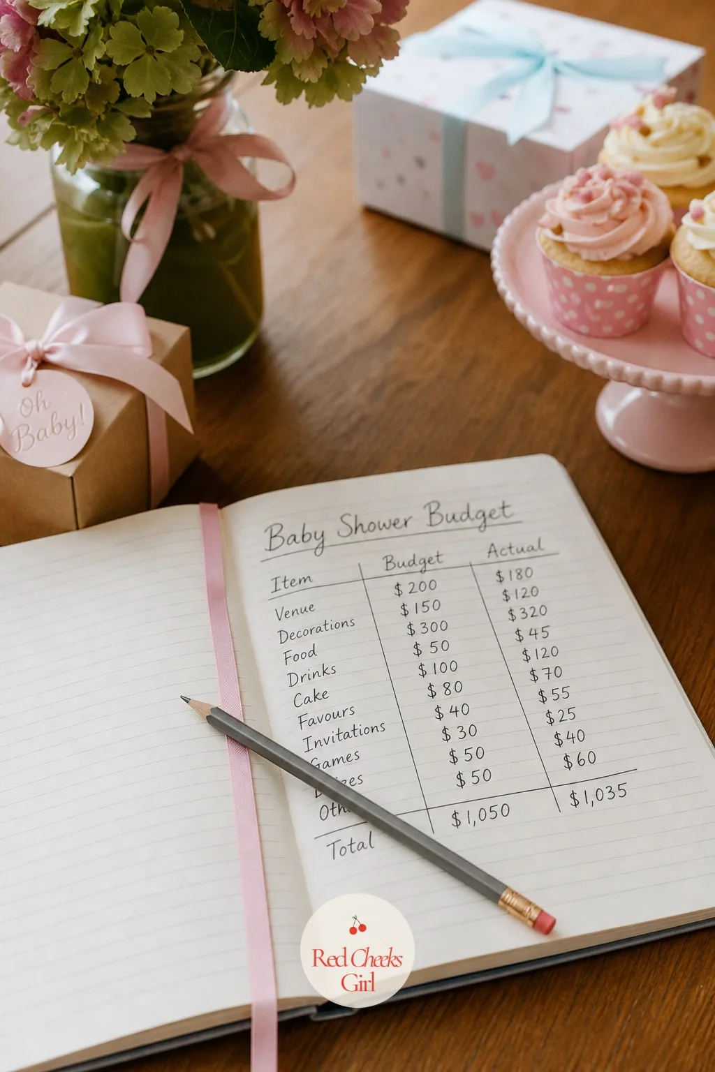 Set the Budget Before You Fall in Love With Anything — A small notebook sits open to a page ruled into columns: venue, food, decor, favors, a running total
