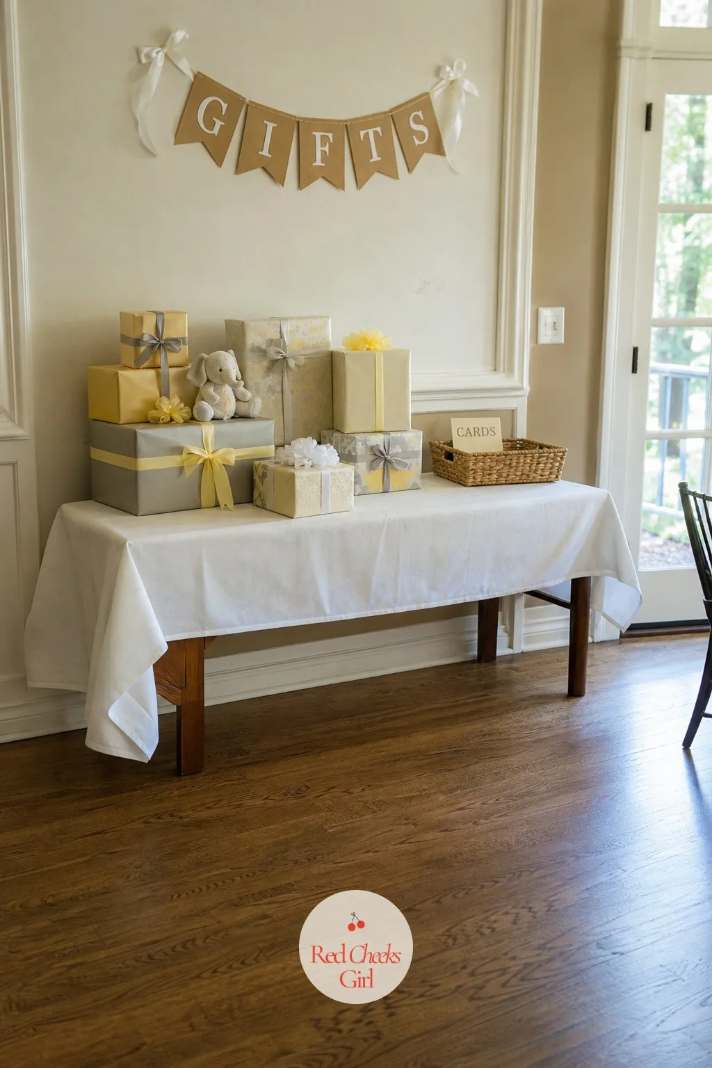 Set the Gift Table Where It Will Not Block Traffic — Wrapped gifts in two matching colours sit stacked on a side table against a wall, well clear of the main