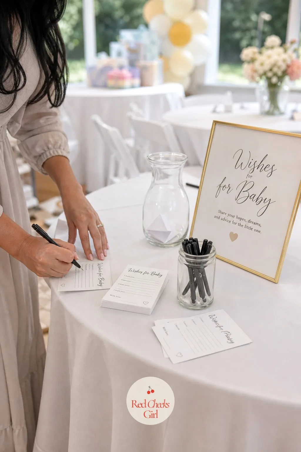 Set Up One Drop-In Station for Guests Who Would Rather Not Play — A small side table holds a stack of blank cards, a jar of pens and a glass vase slowly