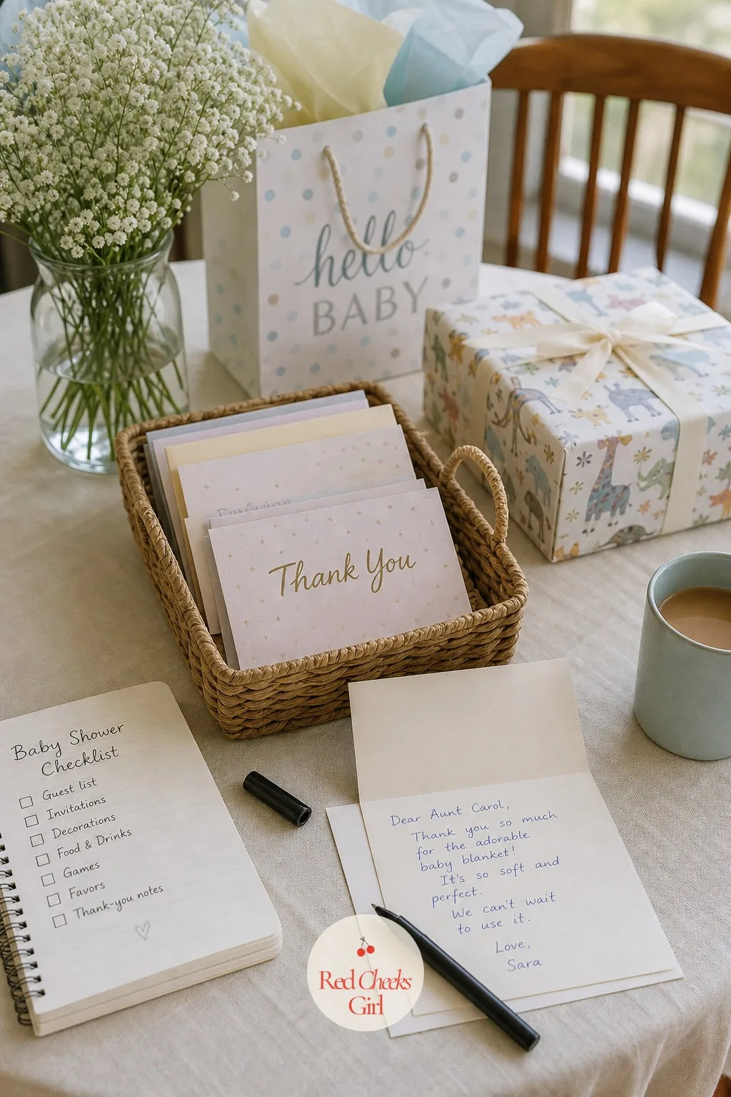 Write the Thank-You Notes While the Details Are Still Fresh — A stack of plain thank-you cards sits open on a desk beside the gift log notebook, a pen uncapped