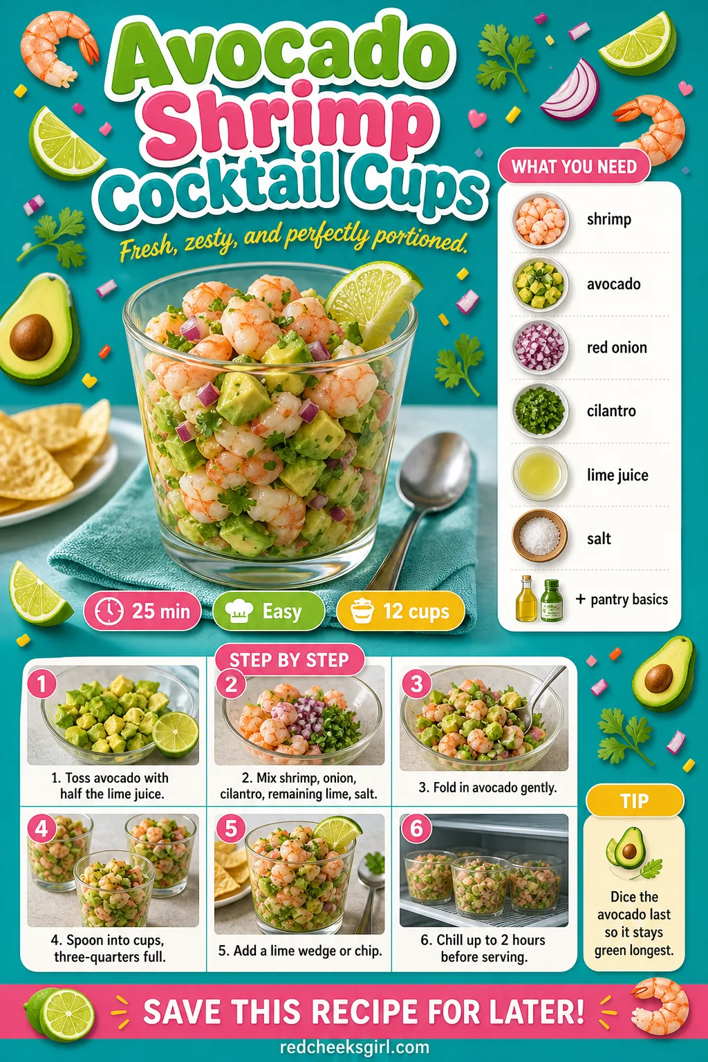 Avocado Shrimp Cocktail Cups Recipe Card printable sheet. Baby shower food