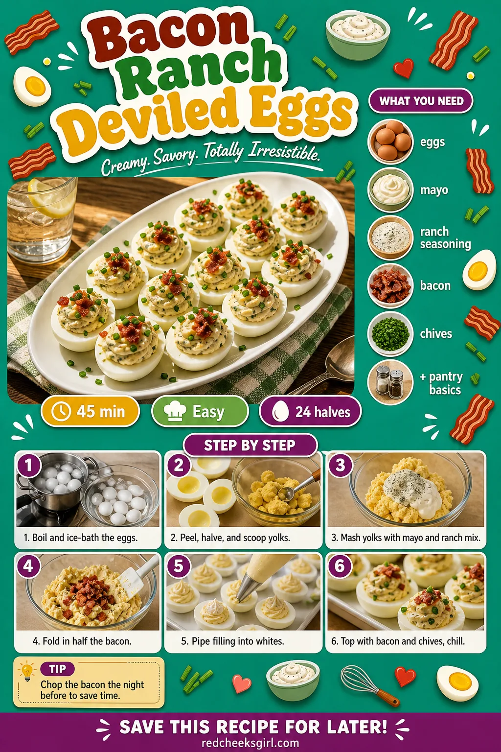 Bacon Ranch Deviled Eggs Recipe Card printable sheet. Baby shower food