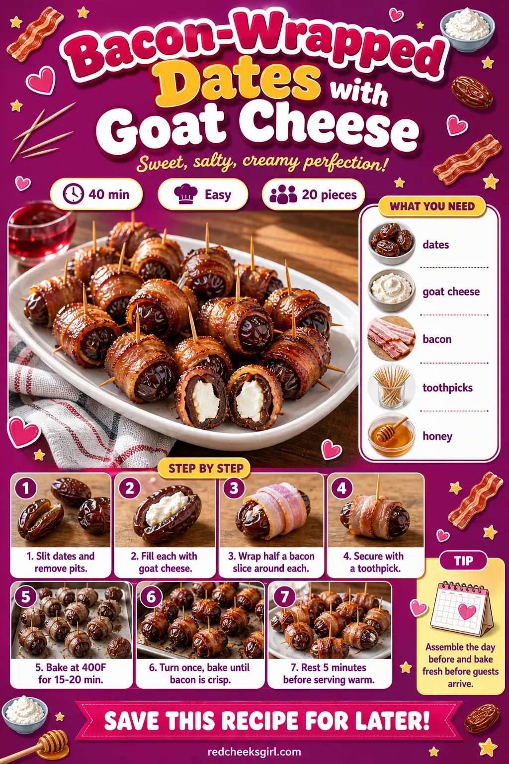 Bacon-Wrapped Dates with Goat Cheese Recipe Card printable sheet. Baby shower food