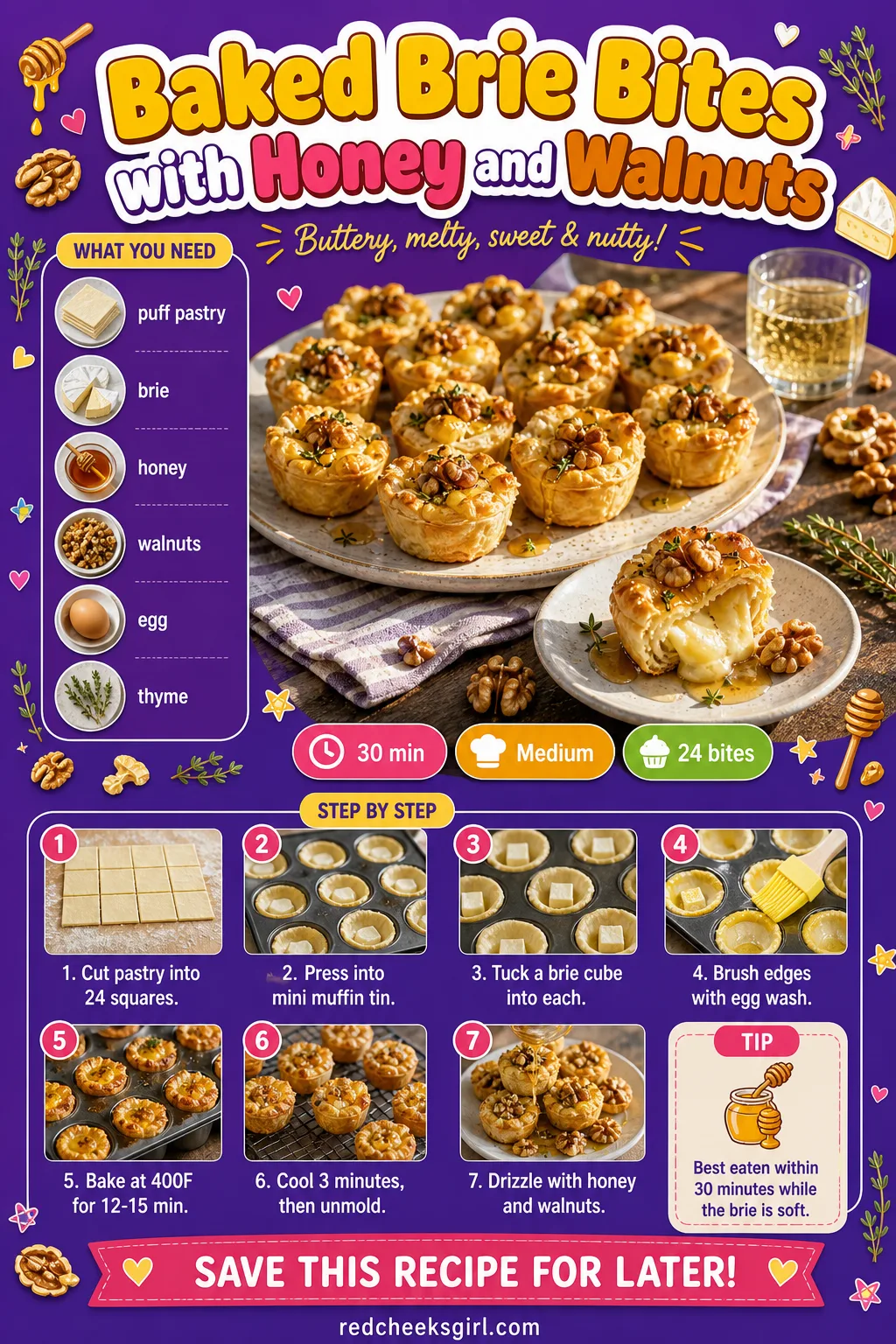 Baked Brie Bites with Honey and Walnuts Recipe Card printable sheet. Baby shower food