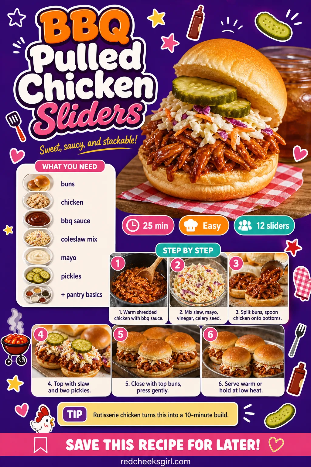 BBQ Pulled Chicken Sliders Recipe Card printable sheet. Baby shower food