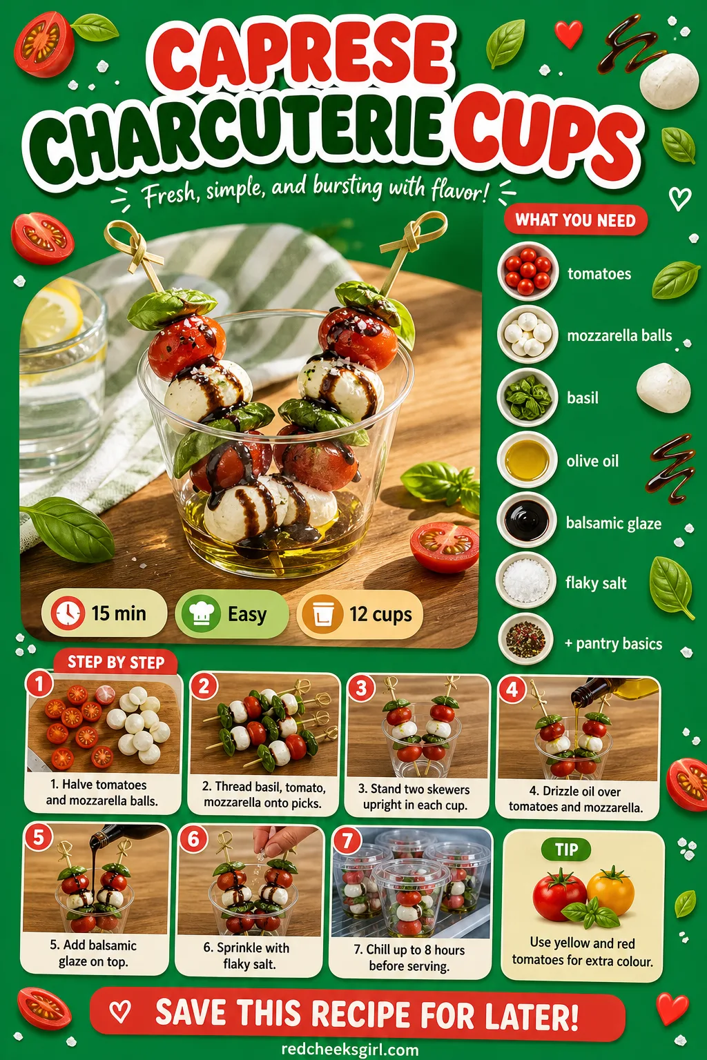Caprese Charcuterie Cups Recipe Card printable sheet. Baby shower food