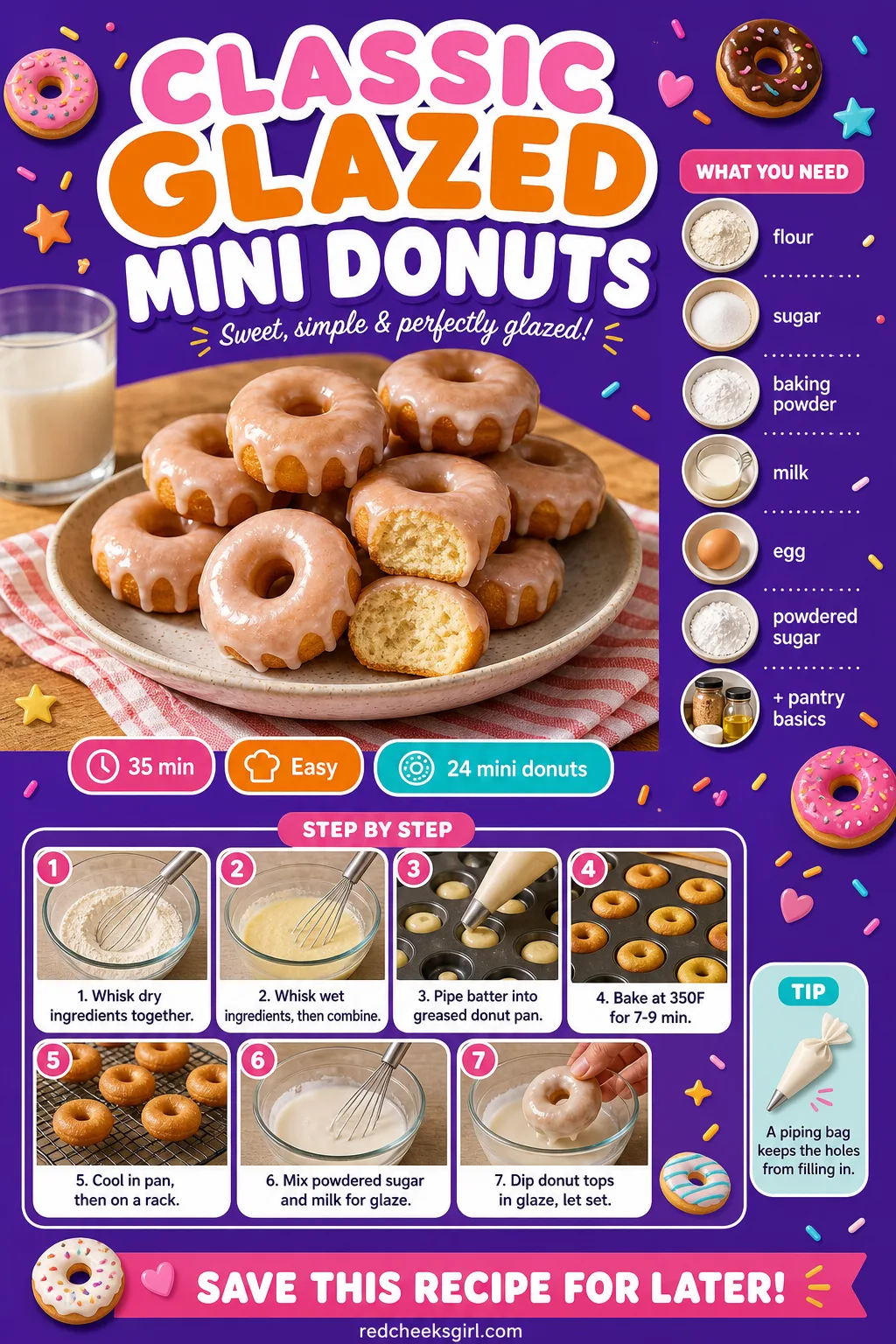 Classic Glazed Mini Donuts Recipe Card printable sheet. Baby shower food
