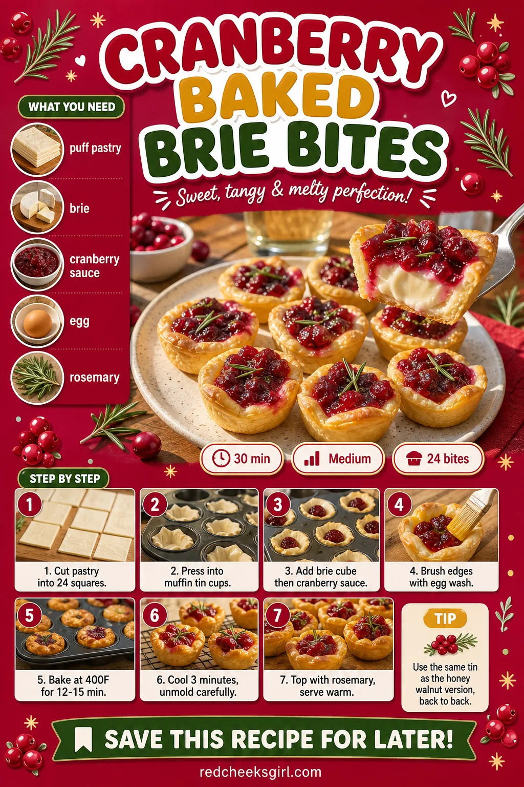 Cranberry Baked Brie Bites Recipe Card printable sheet. Baby shower food