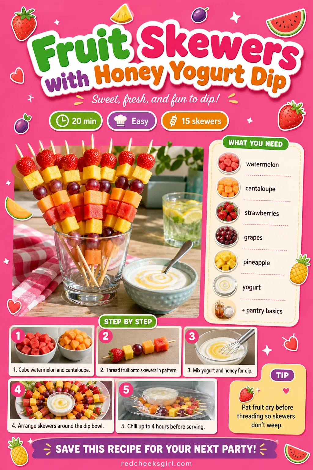 Fruit Skewers with Honey Yogurt Dip Recipe Card printable sheet. Baby shower food