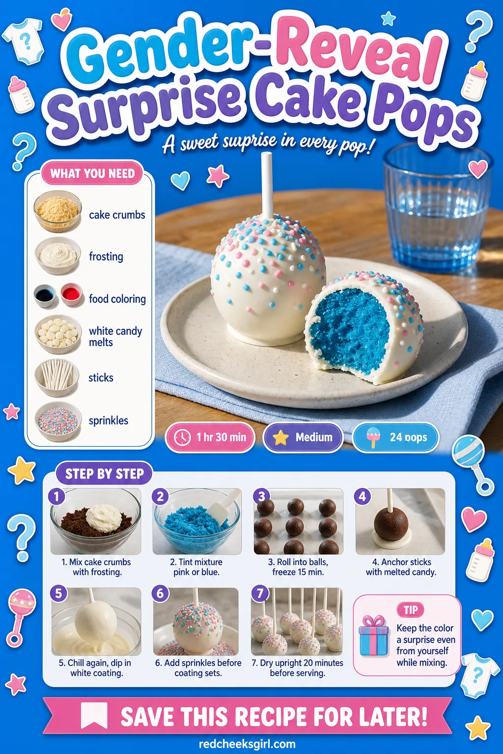 Gender-Reveal Surprise Cake Pops Recipe Card printable sheet. Baby shower food