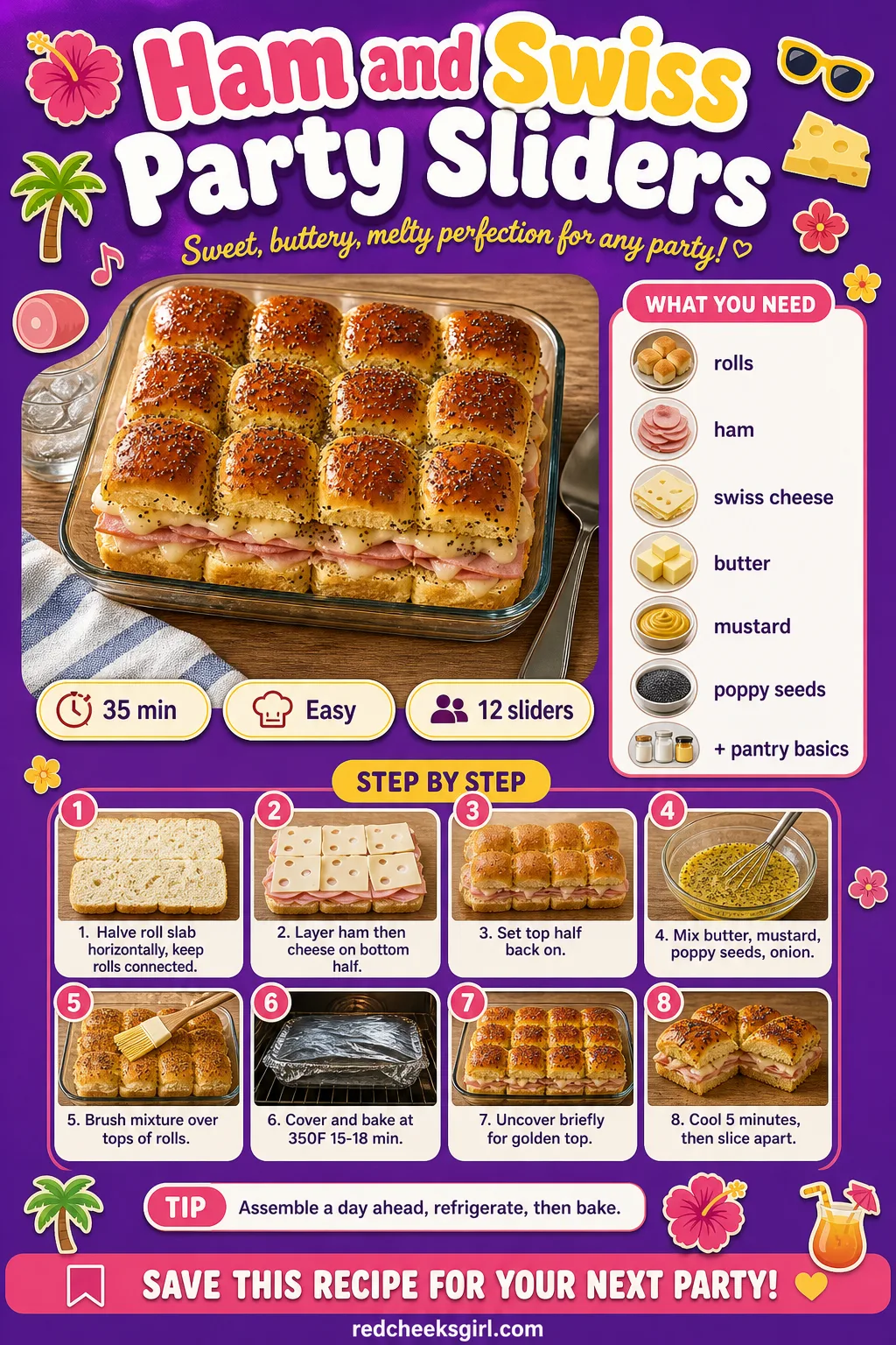 Ham and Swiss Party Sliders Recipe Card printable sheet. Baby shower food