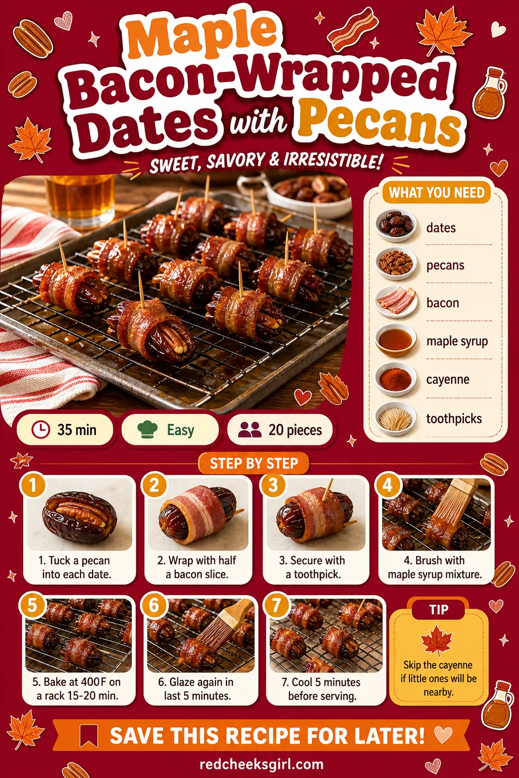 Maple Bacon-Wrapped Dates with Pecans Recipe Card printable sheet. Baby shower food