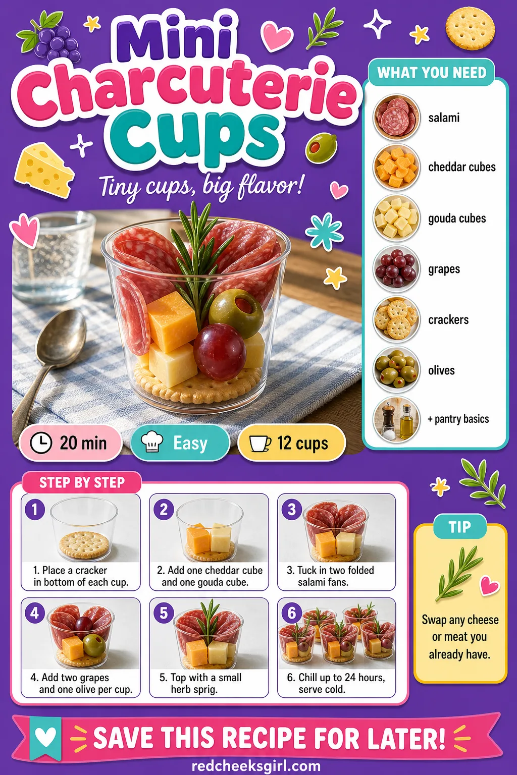 Mini Charcuterie Cups Recipe Card printable sheet. Baby shower food