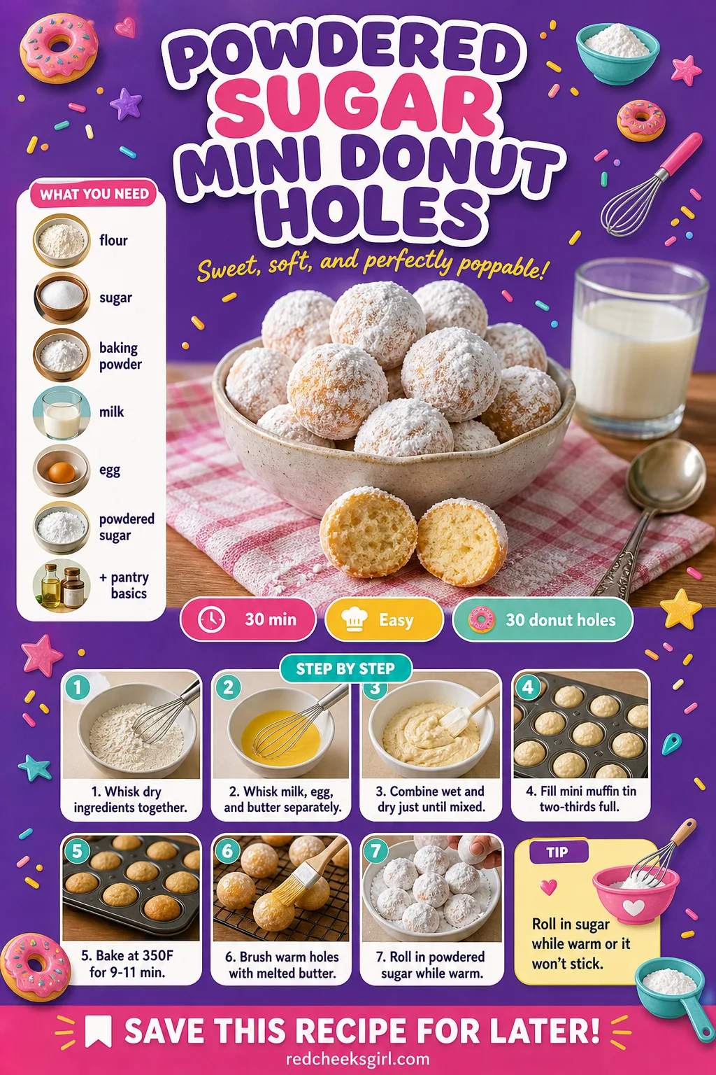 Powdered Sugar Mini Donut Holes Recipe Card printable sheet. Baby shower food
