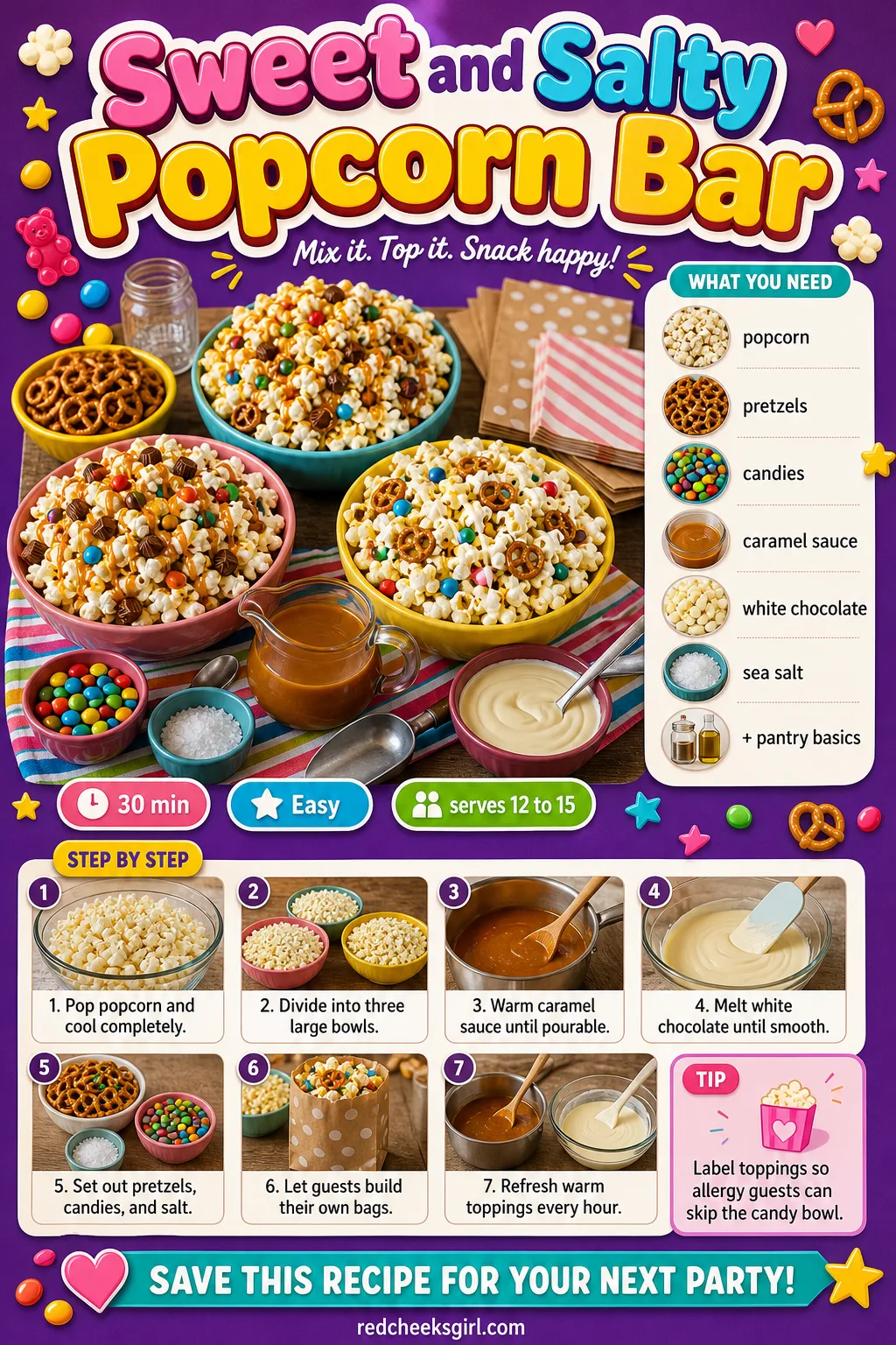 Sweet and Salty Popcorn Bar Recipe Card printable sheet. Baby shower food