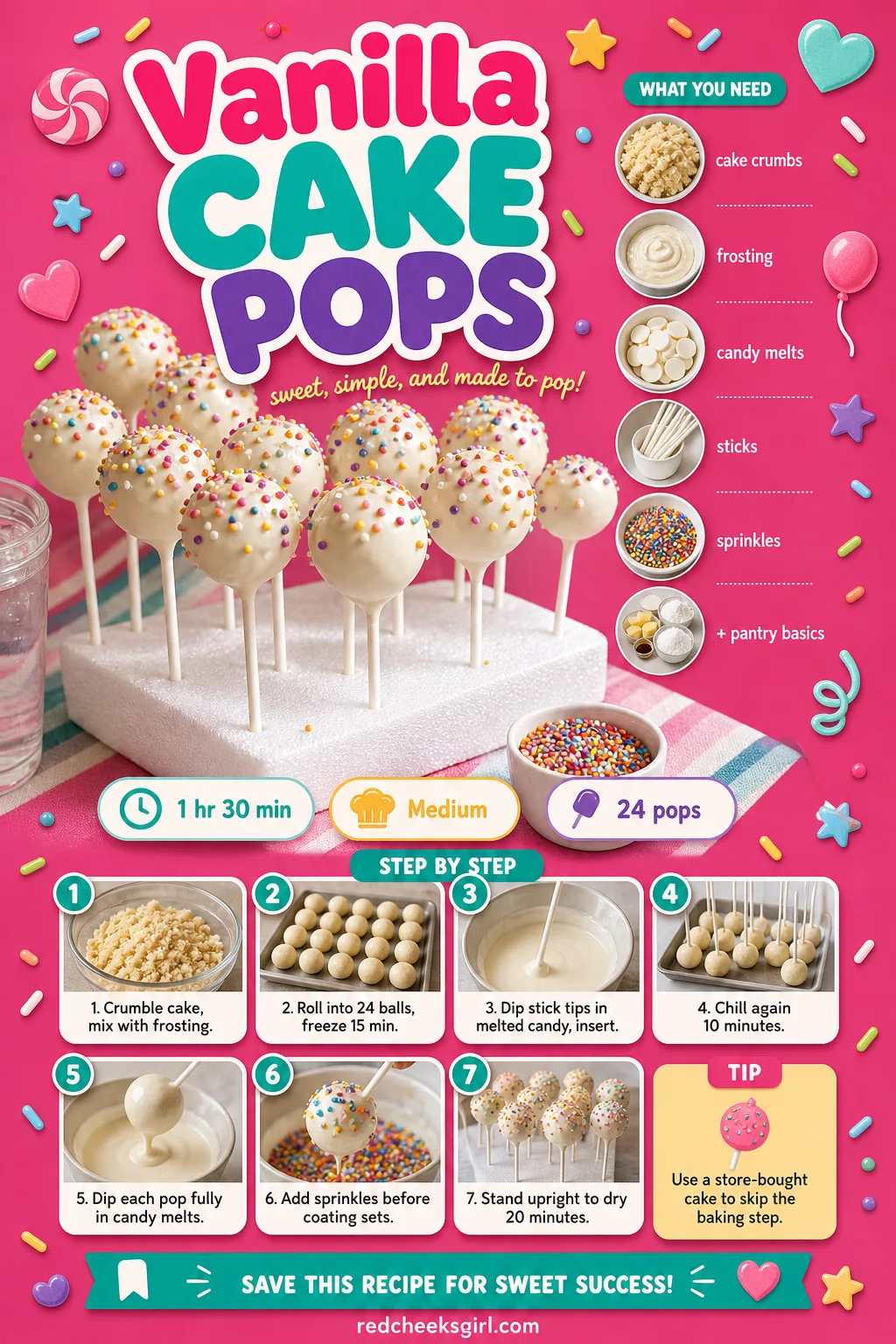 Vanilla Cake Pops Recipe Card printable sheet. Baby shower food