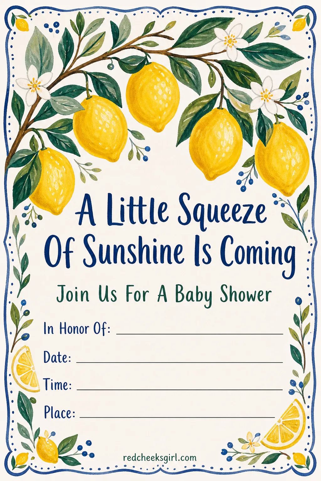 The Amalfi Lemons Invitation printable sheet — For a shower set under string lights with a jug of lemonade already on the table, not a snowflake anywhere near