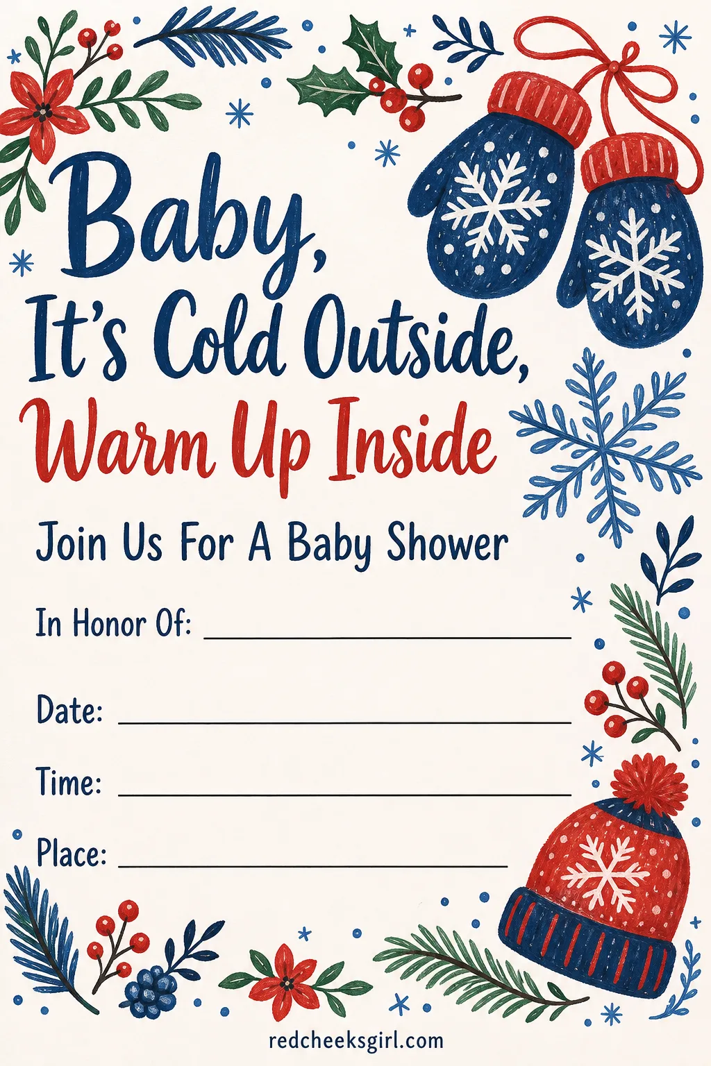 The Baby It's Cold Outside Invitation printable sheet — A card for the shower planned around a fireplace and a playlist, not just a coat check table. Baby