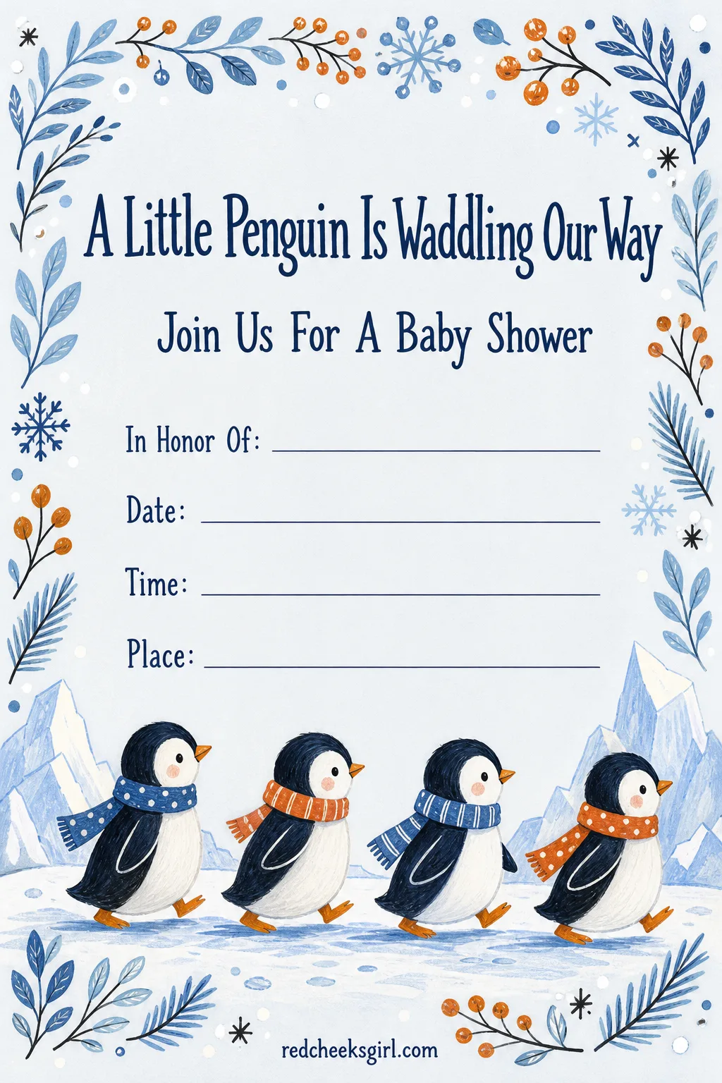 The Baby Penguin Invitation printable sheet — A January due date does not have to mean a beige party. Baby shower invitations