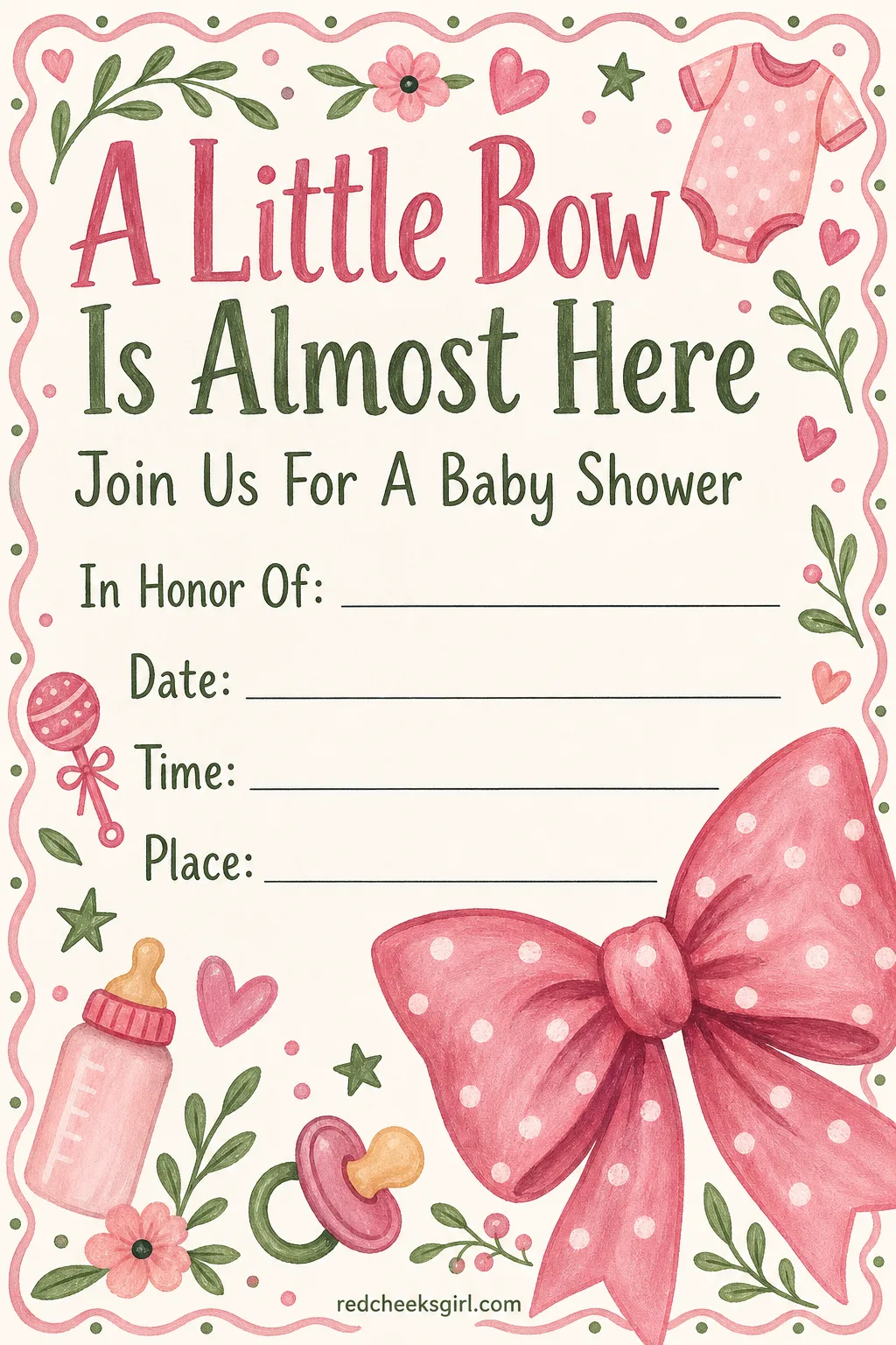 The Bows Invitation printable sheet — She wants her shower to look expensive without costing much, and a single bow does that better than a page of pattern.
