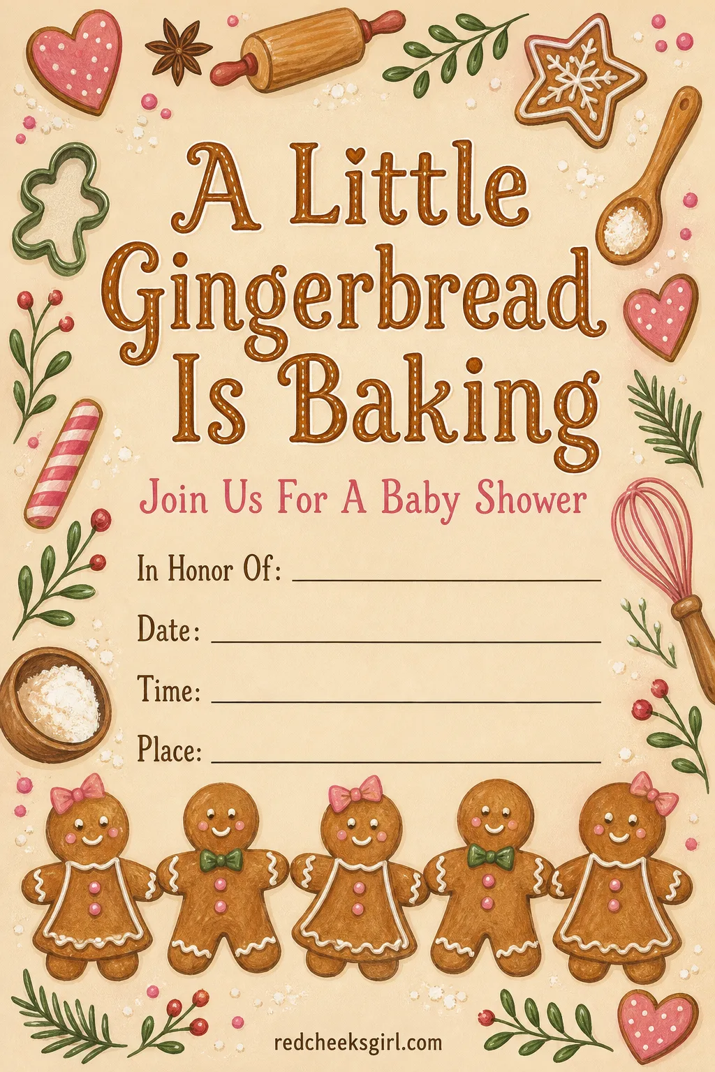 The Gingerbread Invitation printable sheet — A December shower calls for something warmer than snowflakes alone. Baby shower invitations