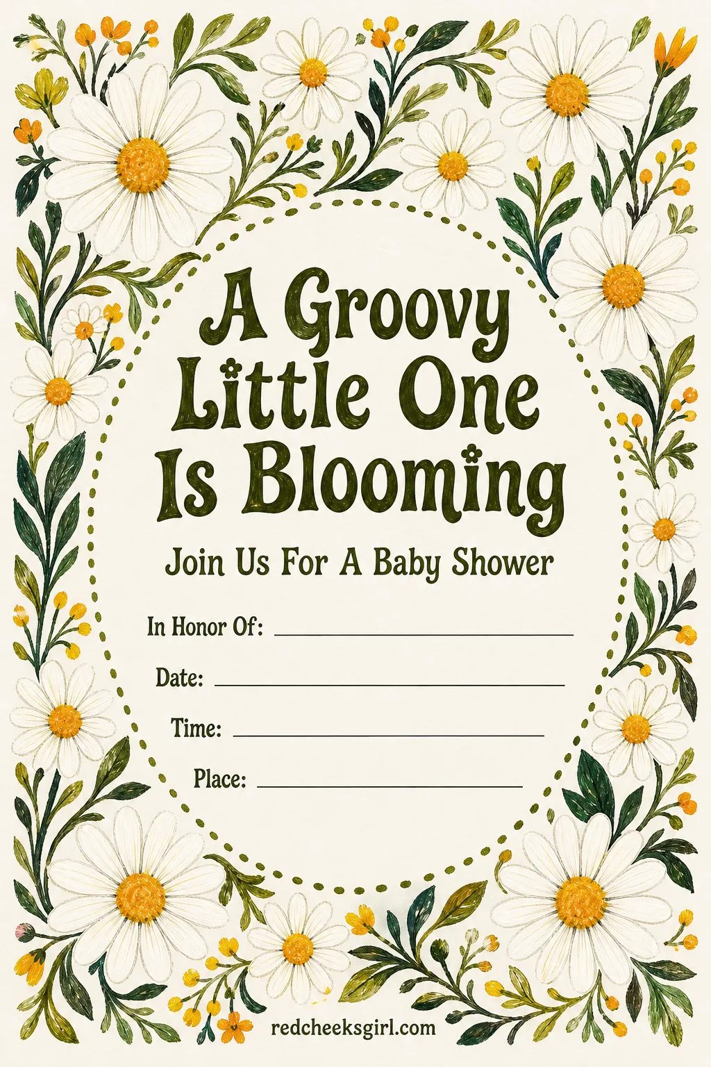 The Groovy Daisies Invitation printable sheet — The friend throwing a retro shower, all orange and avocado green, needed an invite that does not look borrowed