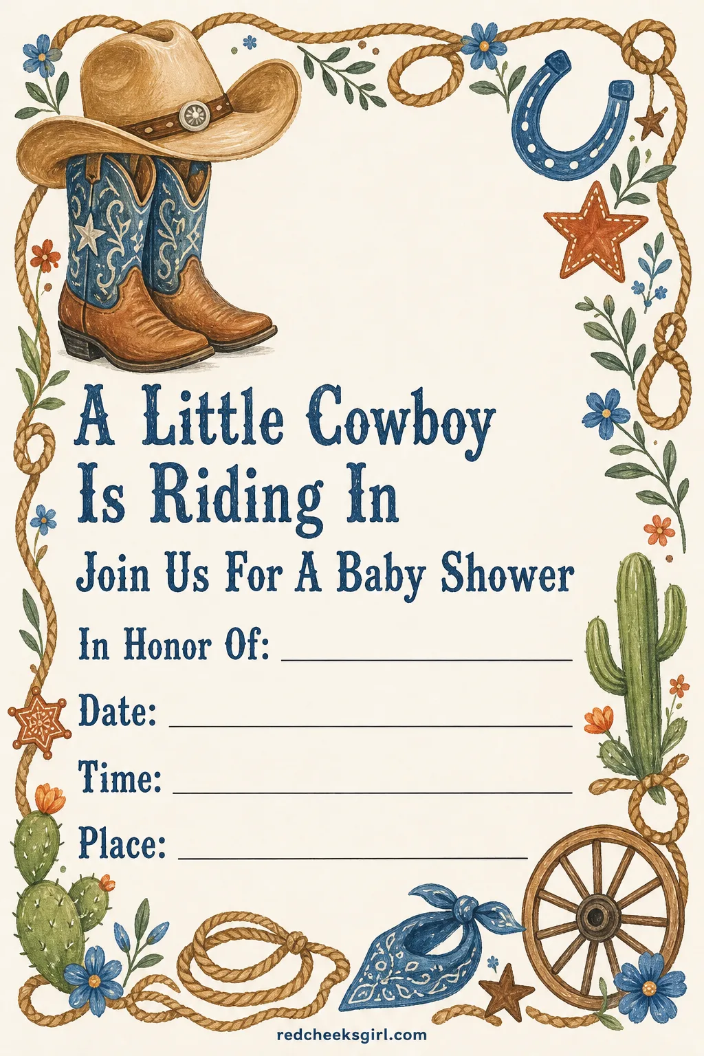 The Little Cowboy Invitation printable sheet — For the family throwing a backyard shower with boots by the door and a trough of lemonade. Baby shower