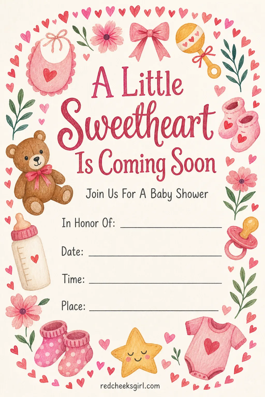 The Little Sweetheart Invitation printable sheet — Good for a shower landing near Valentine's week, or simply for the friend who never outgrew hearts. Baby