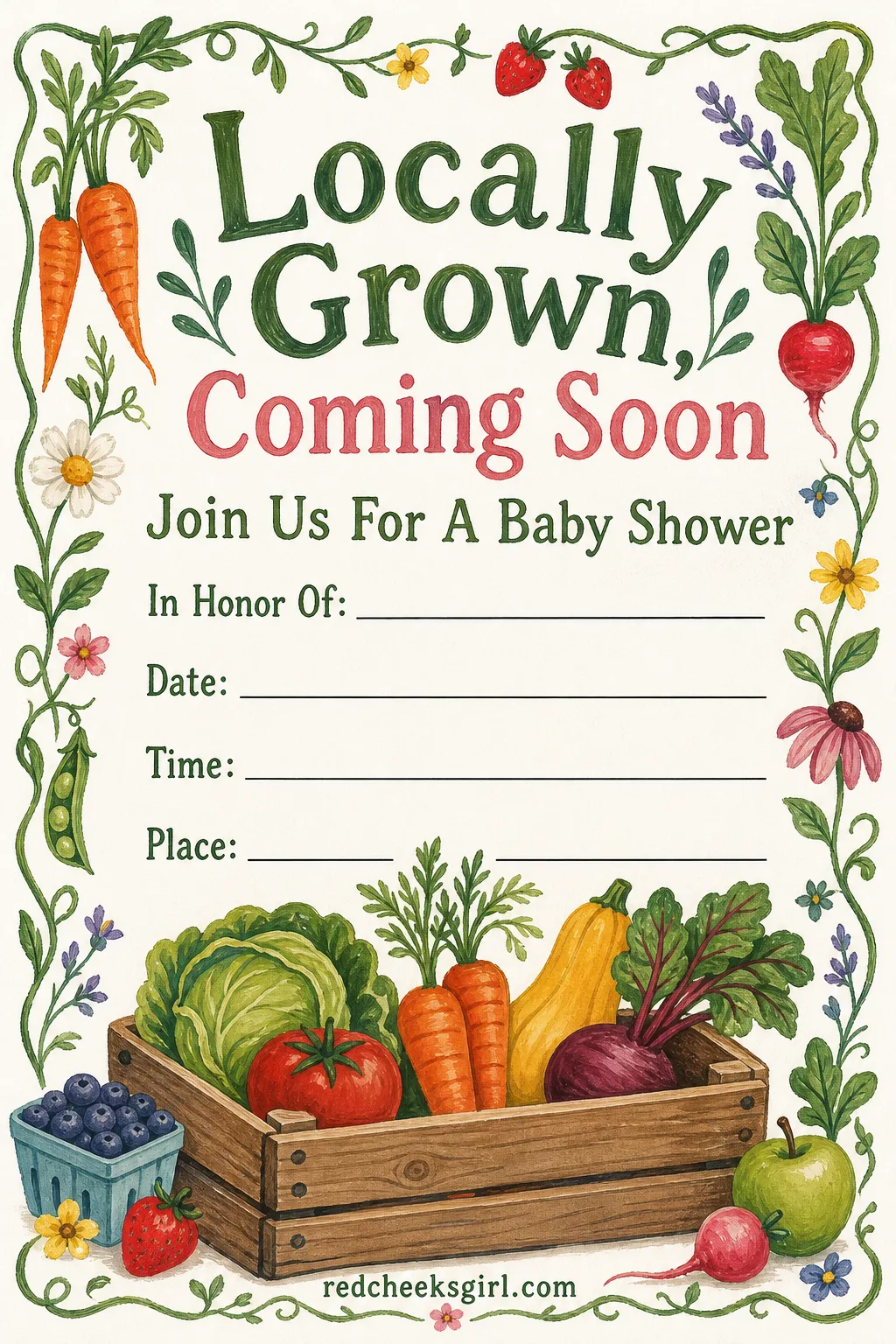 The Locally Grown Invitation printable sheet — A pun for the friend who already has the produce-crate centerpiece sorted. Baby shower invitations