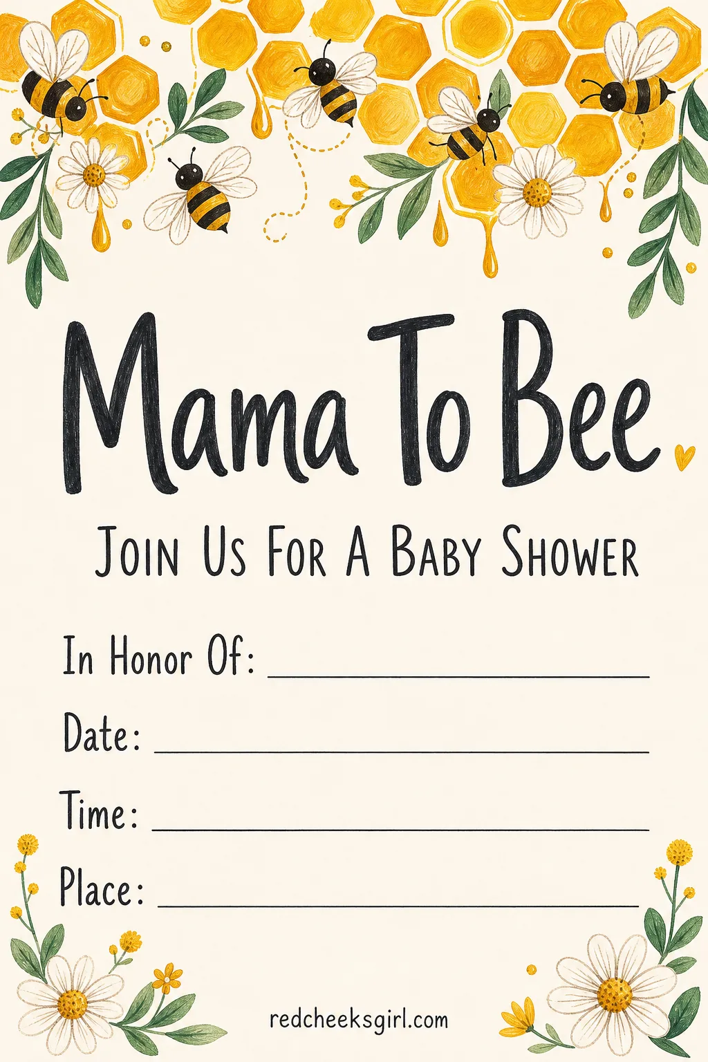 The Mama to Bee Invitation printable sheet — For the nursery already painted yellow and black stripes, bee theme decided months ago. Baby shower invitations