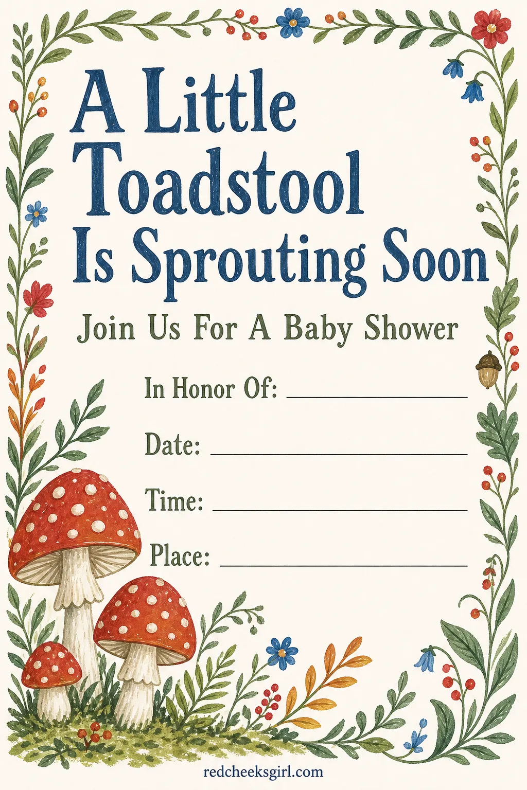 The Mushroom Forest Invitation printable sheet — She wanted something a little wild for her shower, not another ribbon and balloon look. Baby shower invitations