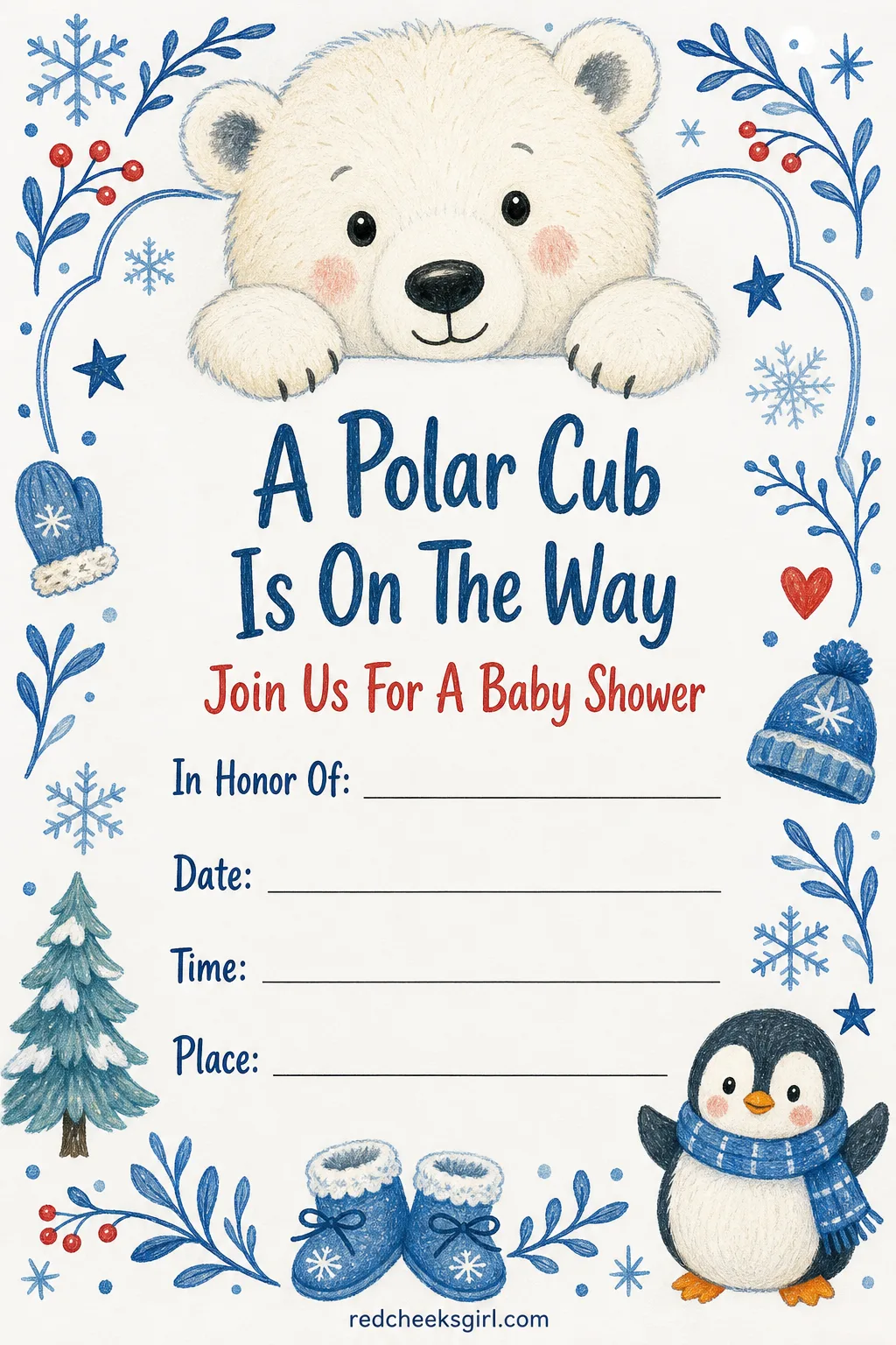 The Polar Bear Invitation printable sheet — For the mother-to-be who picked a cabin or a ski lodge for the party, this is the card that matches the view out