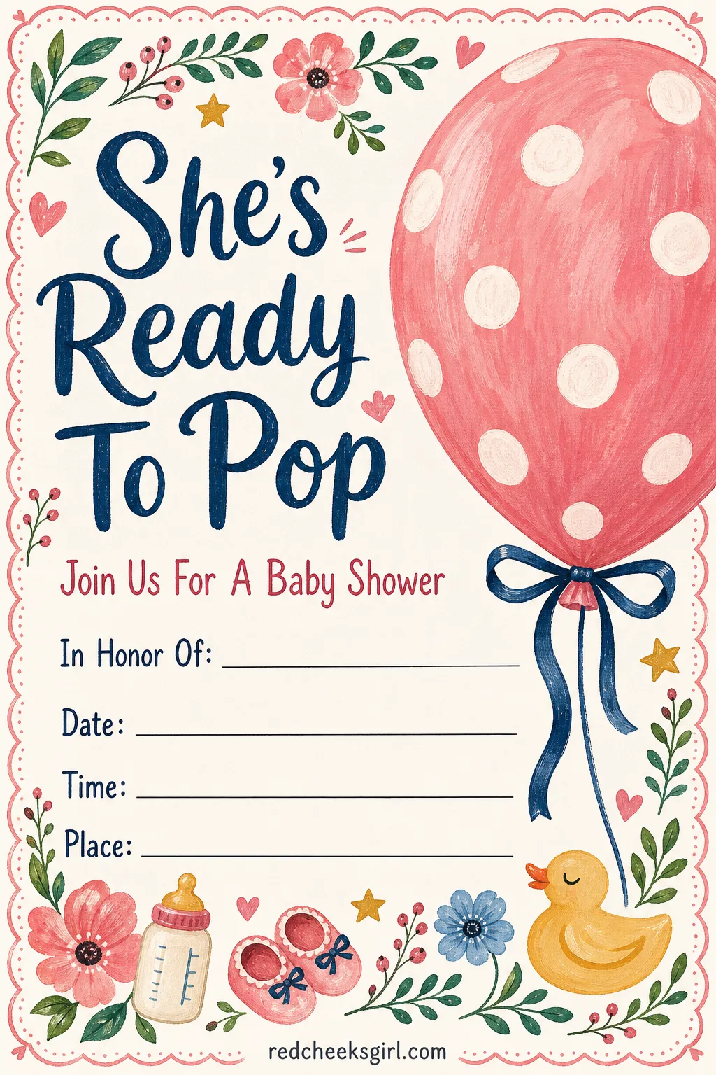 The Ready to Pop Invitation printable sheet — For the friend hosting the shower two weeks before the due date, when subtlety is pointless. Baby shower