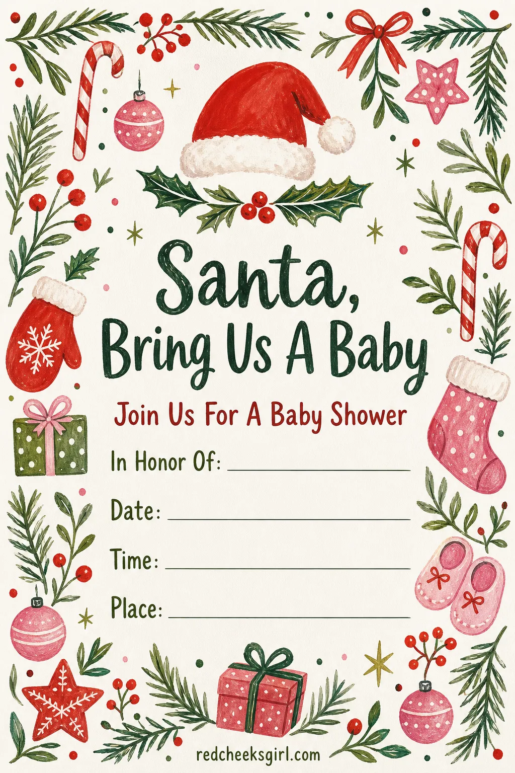 The Santa Baby Invitation printable sheet — For the shower that happens the same week as the office party, wrapping paper already out on the dining table. Baby