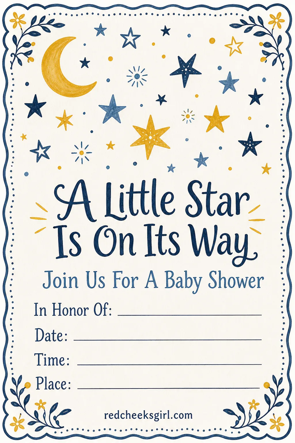 The Twinkle Little Star Invitation printable sheet — For the shower that leans into soft night skies instead of pastel animals, lullaby familiar rather than