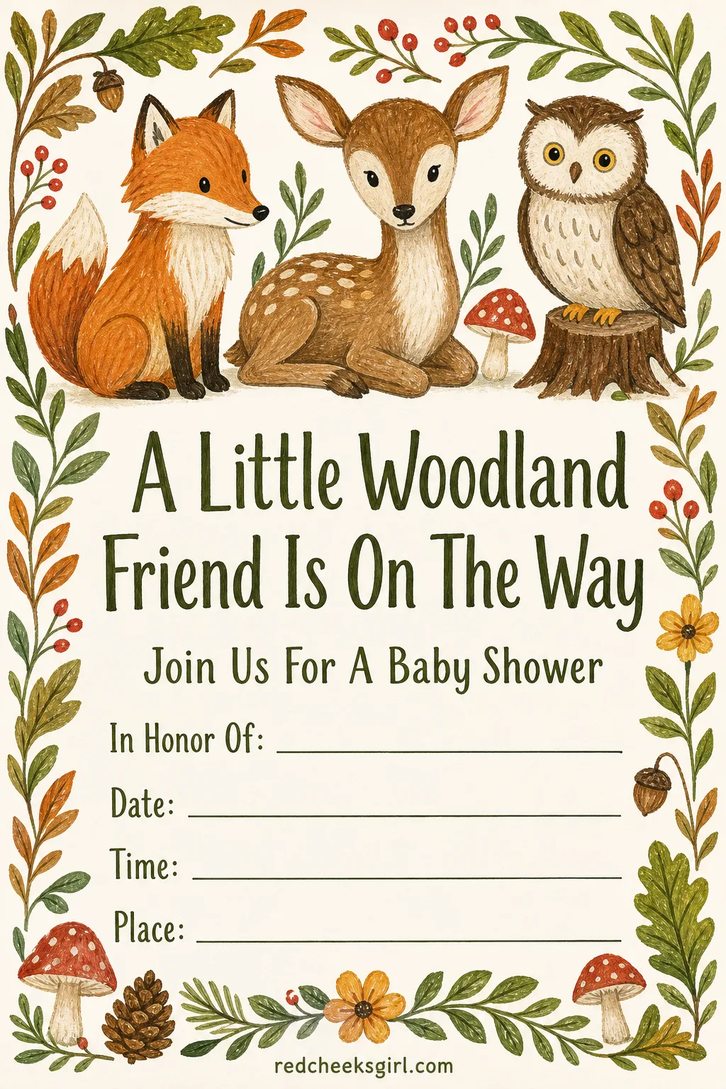 The Woodland Invitation printable sheet — The friend who wanted a fox and a deer instead of the usual bear trio gets her own card here. Baby shower invitations