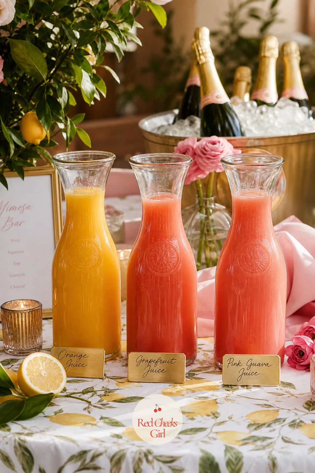 The Juice Carafes — An unlabeled row of juice looks like a kitchen counter, not a bar. Bachelorette brunch