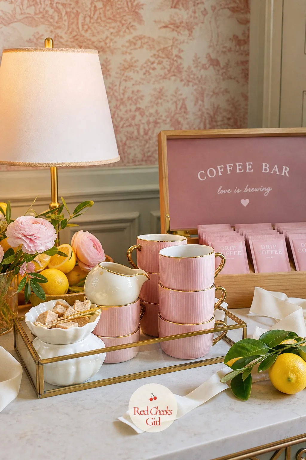 The Mug Display — A stack of plain paper cups undercuts everything else on this table. Bachelorette brunch