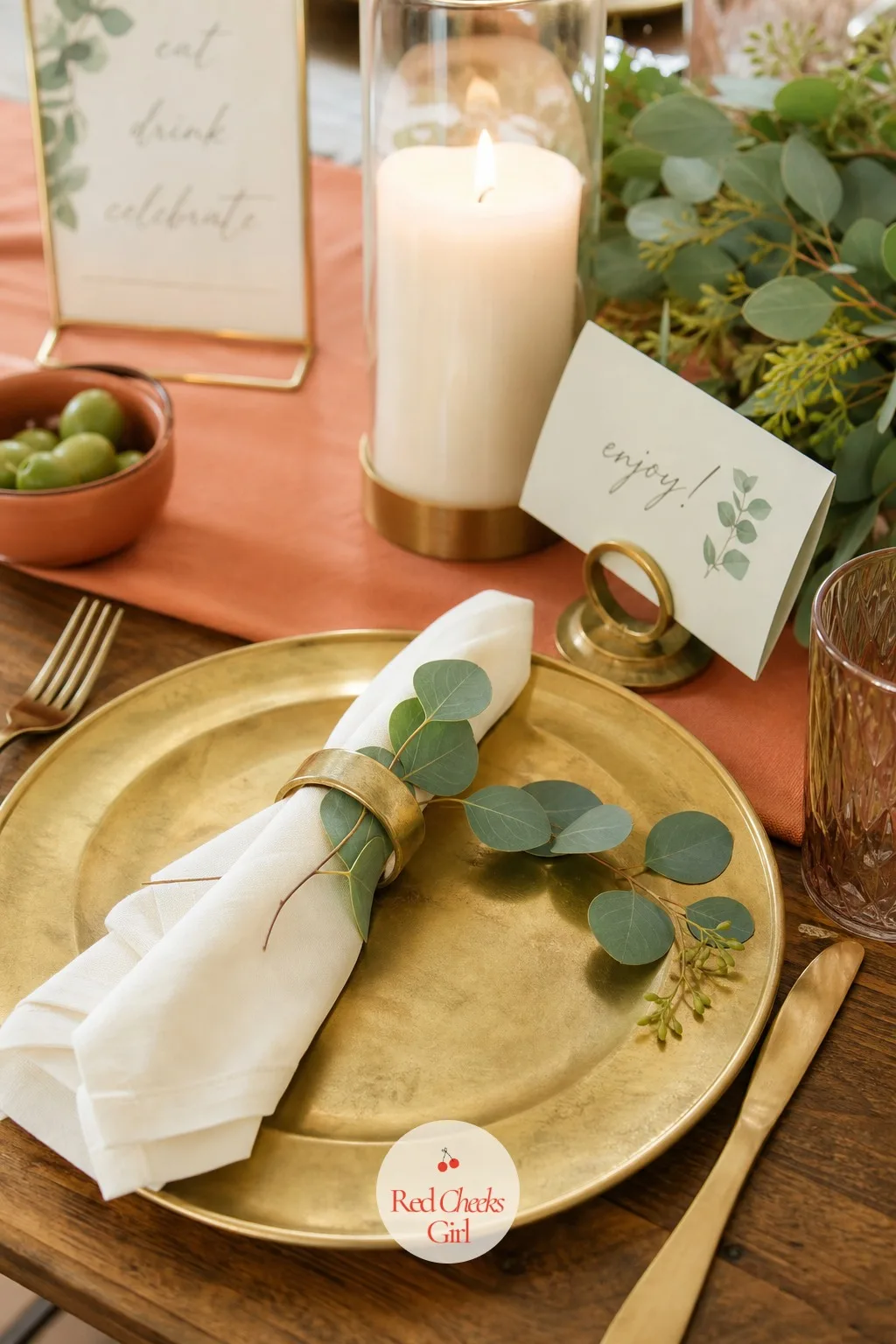 Brass Ring Napkin Rings at Every Place — Small enough that nobody mentions it out loud, but every guest notices the brass flash the second they sit down.