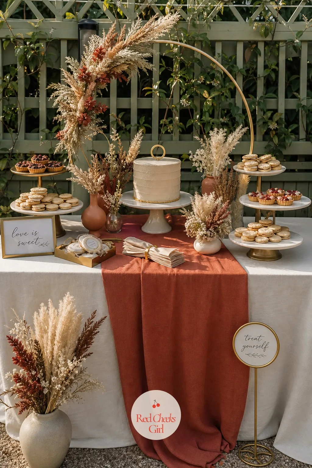 The Dessert Table — This table gets photographed almost as much as the arch, so it is worth the same attention to layering. Backyard engagement party