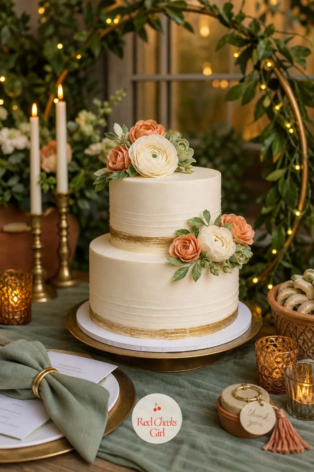 The Engagement Cake — A two tier cake in ivory buttercream carries a thin brushed gold ribbon trim at the base of each tier, with a few sugar ranunculus