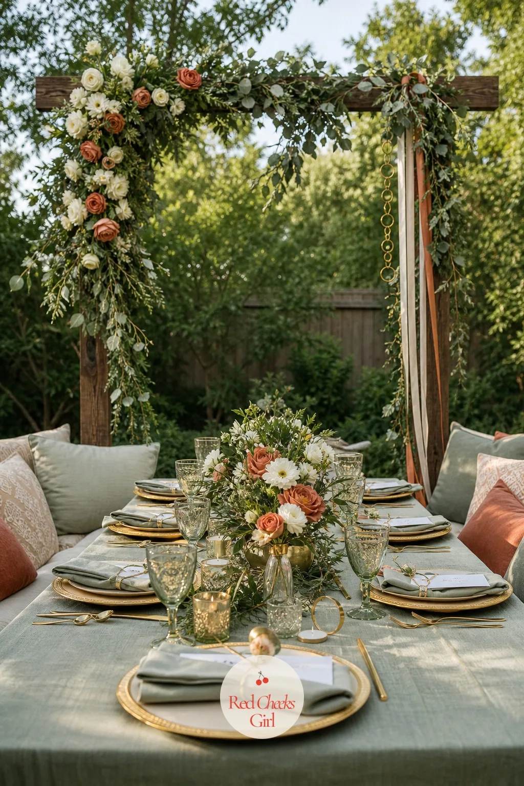 The Floral Arch Behind the Table — This is where the toast happens, and where every phone in the yard ends up pointed by the end of the night. Backyard