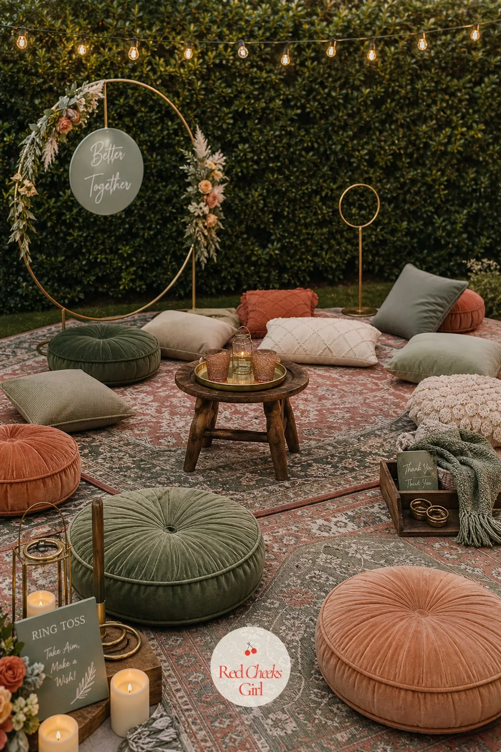 The Lawn Lounge of Rugs and Floor Pillows — Not every guest wants a chair all night. Backyard engagement party
