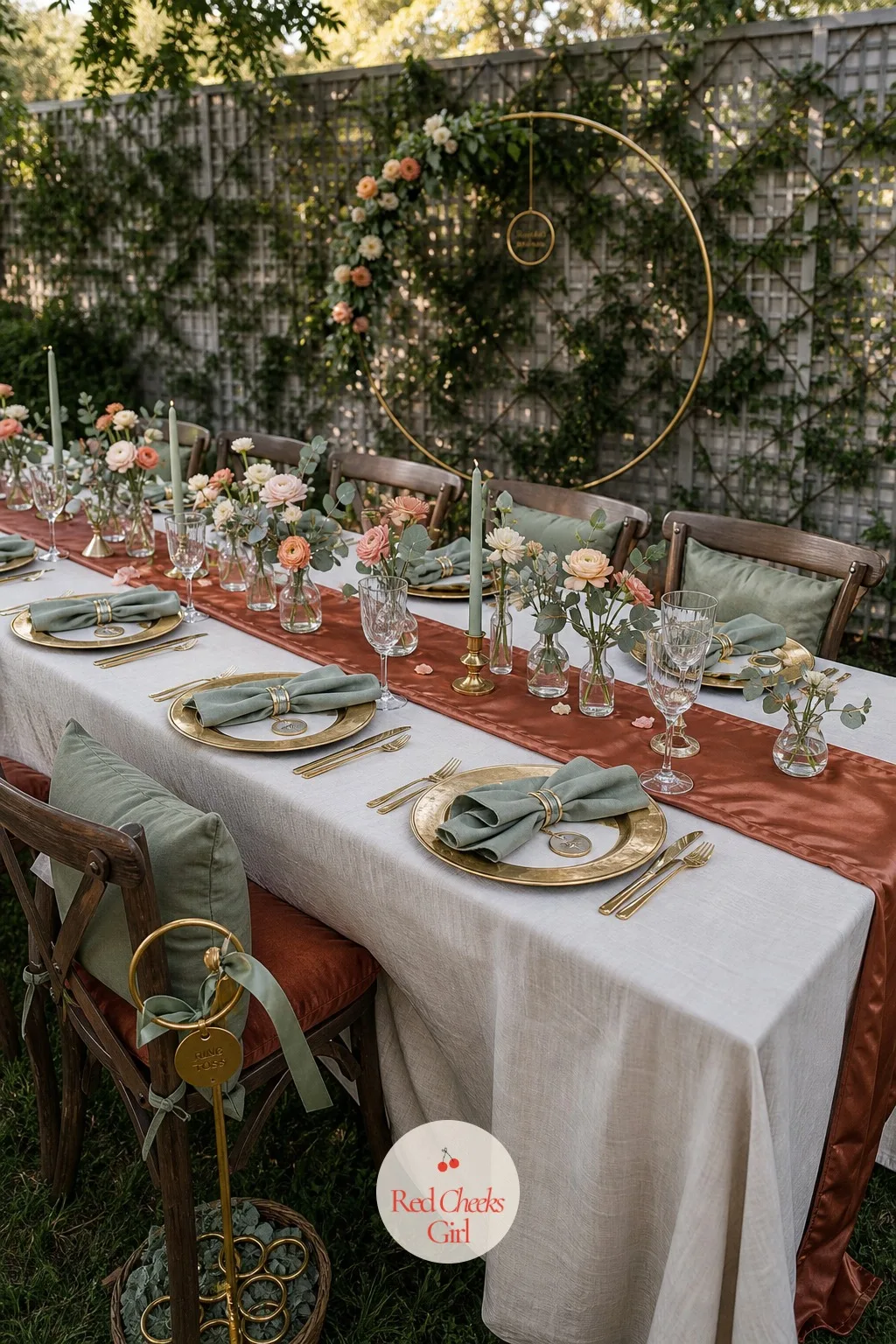 The Long Table in Sage, Terracotta and Ivory — She will not want a plain tablecloth photographed next to a floral arch, and she is right not to. Backyard