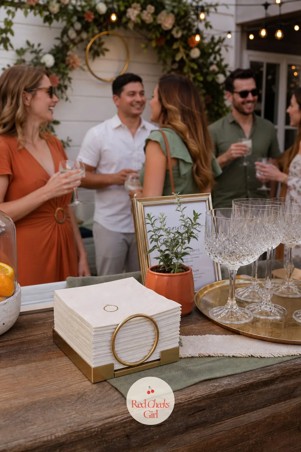 Ring-Stamped Cocktail Napkins at the Bar — Small enough that most guests notice it halfway through their second drink, not their first. Backyard engagement
