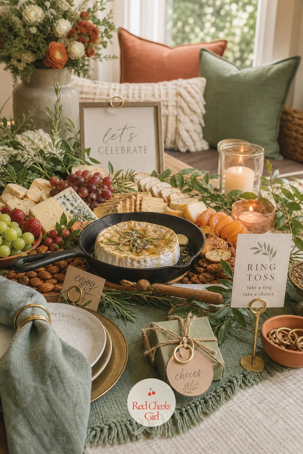 A Wheel of Baked Brie at the Center — The one hot item on an otherwise cold table, and guests will circle back to it before anything else. Backyard engagement