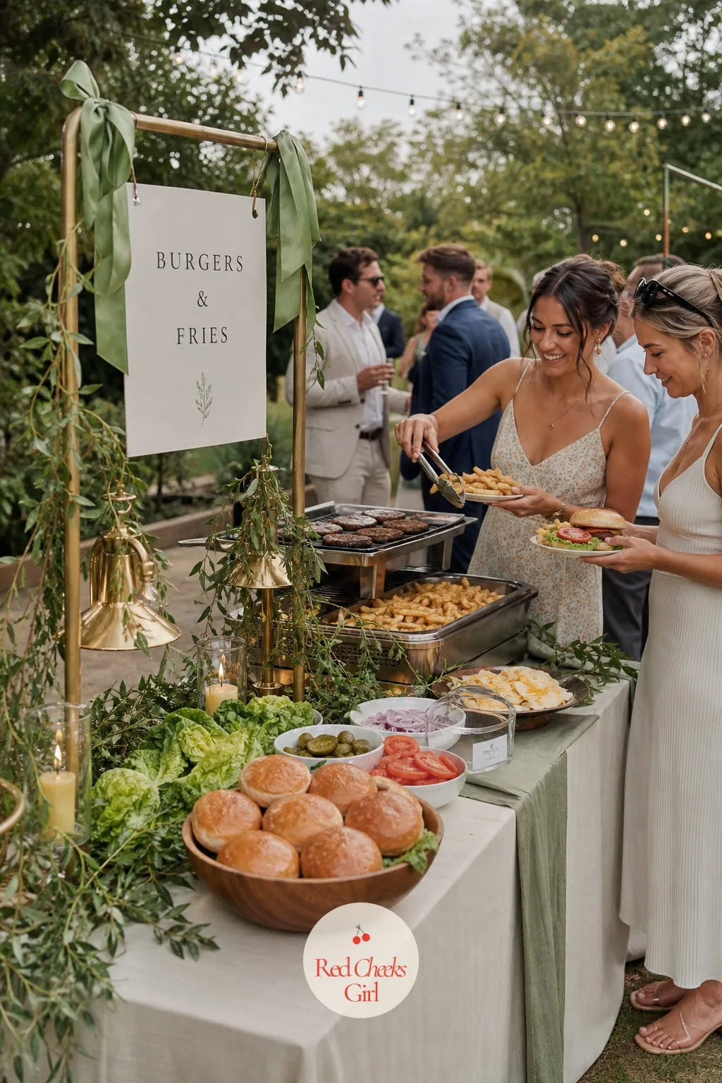 Burger And Fries Station — A formal plated dinner feels wrong for a crowd in sundresses and sandals, and it costs more besides. Backyard wedding ideas