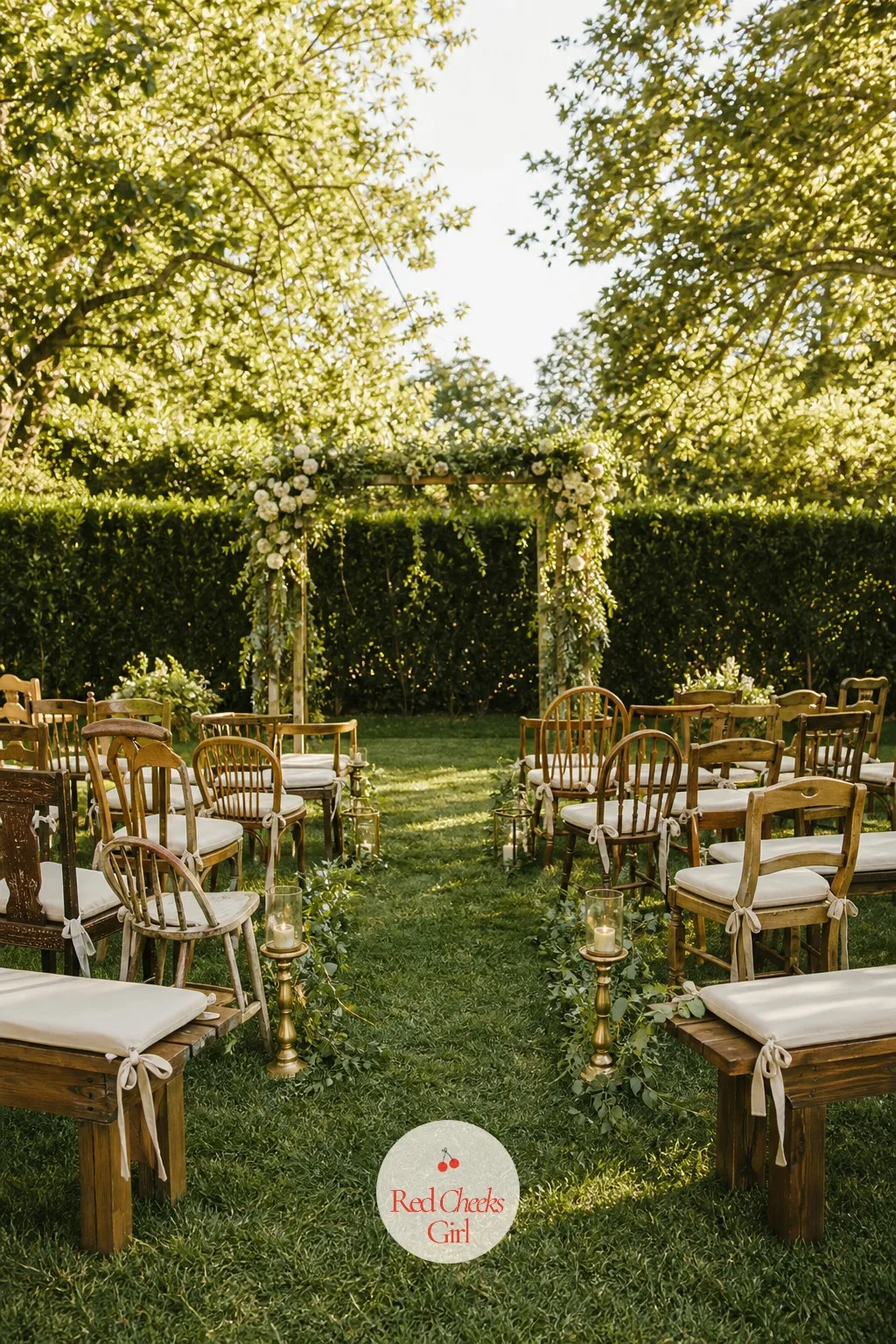 Garden Ceremony Seating — Rows of identical white folding chairs can feel like a rental showroom, not a wedding. Backyard wedding ideas